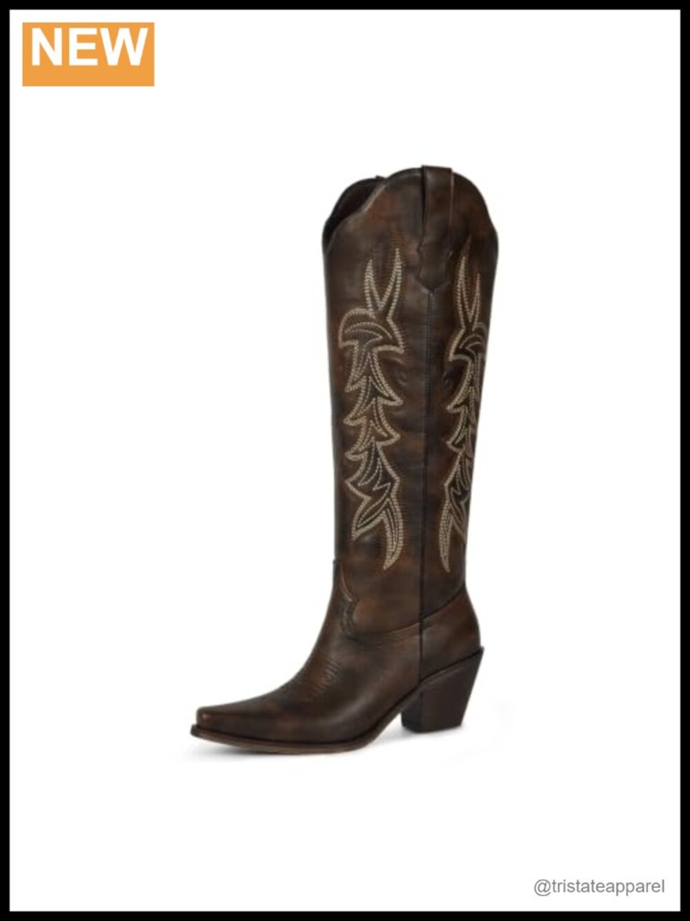 Pointed Toe Knee High Western Cowboy Boots Faux Leather Block Heel